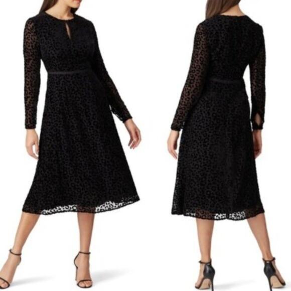 Boden Velvet Burnout Leopard Midi Dress Keyhole Neck Long Sleeve Black 8 Silk - Picture 1 of 11